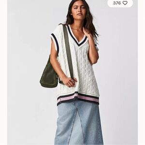 Free People V-Neck Sweater in White and Pink